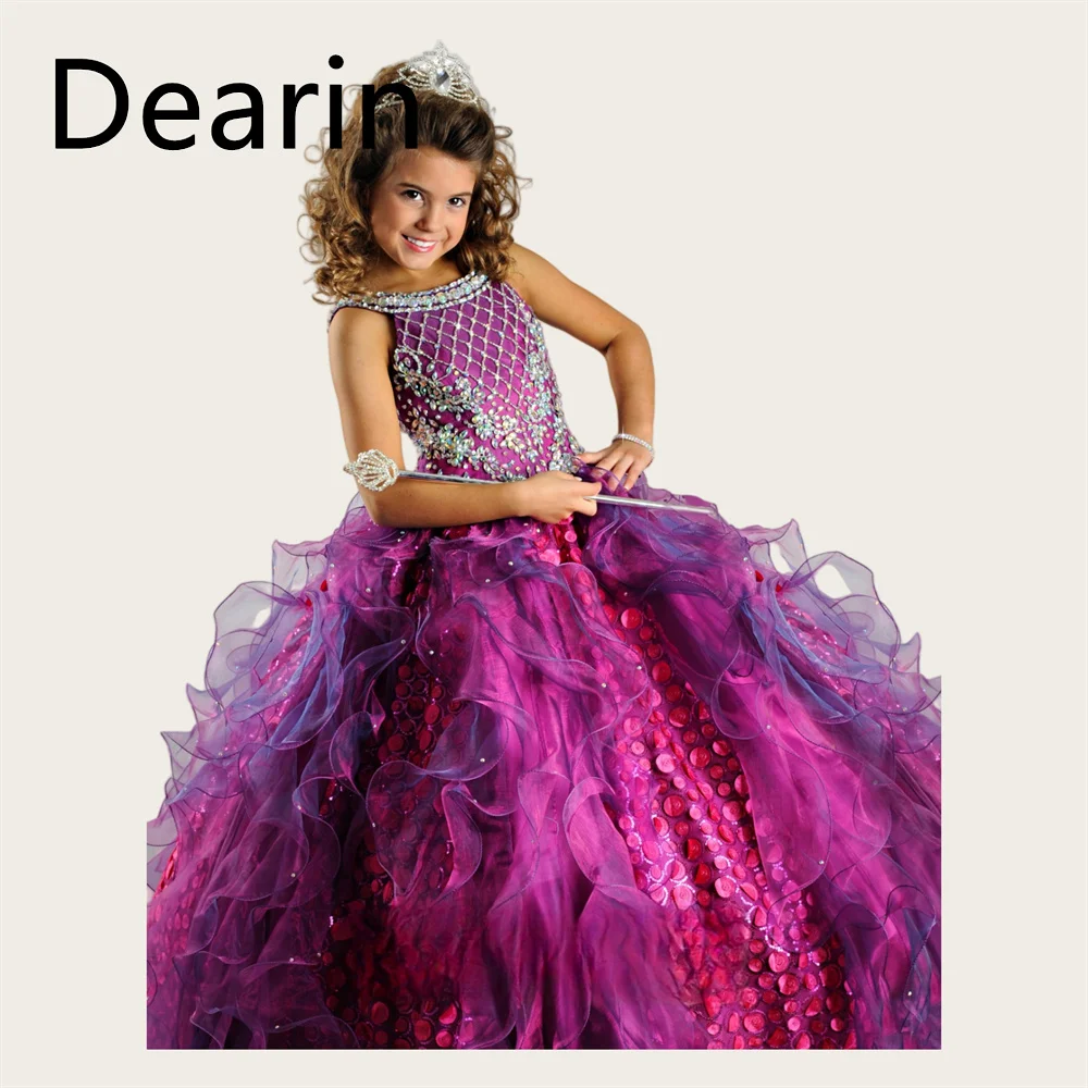 

Customized Flower Girl Dress Dearin Shoulder Girdle A-line Floor Length Skirts Tulle Sequin Es