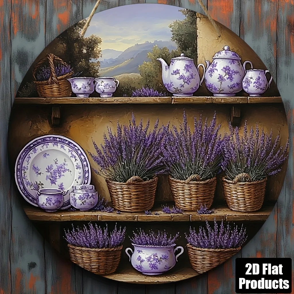 2D Flat, 1pc, Round Wooden Wall Art Decorative Sign, Lavender Floral Theme, Suitable for Bar Kitchen Coffee Shop Home Room Livin