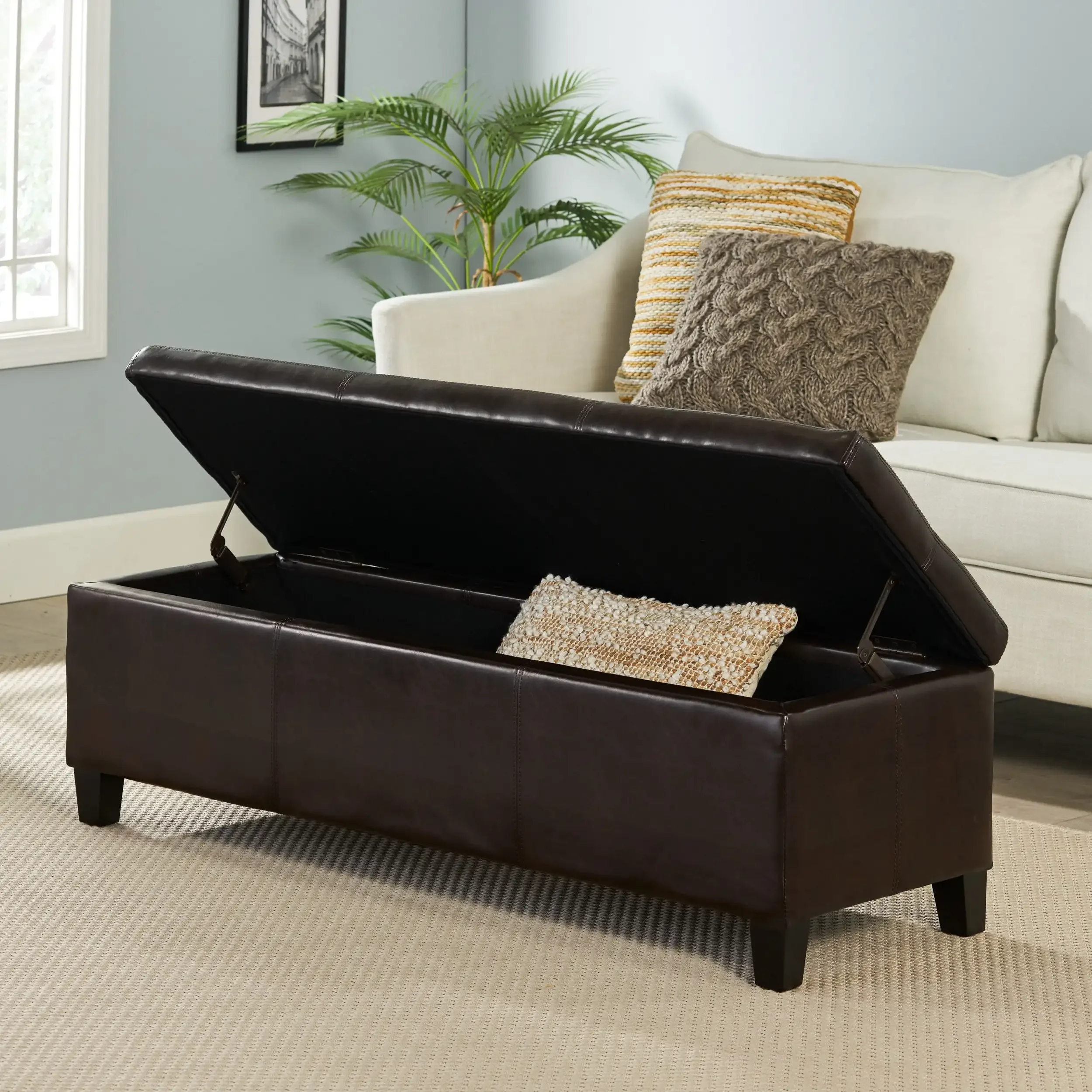 Brown Faux Leather Storage Ottoman Multiple Material Options Hand-Crafted Details Solve Storage Problems