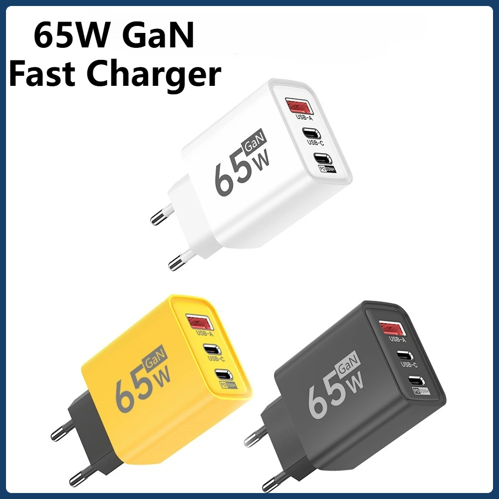 65W GaN USB C Charger 3-Port PD QC3.0 Fast Wall Adapter Charging Station EU US Plug Travel For iPhone Samsung Xiaomi Huawei