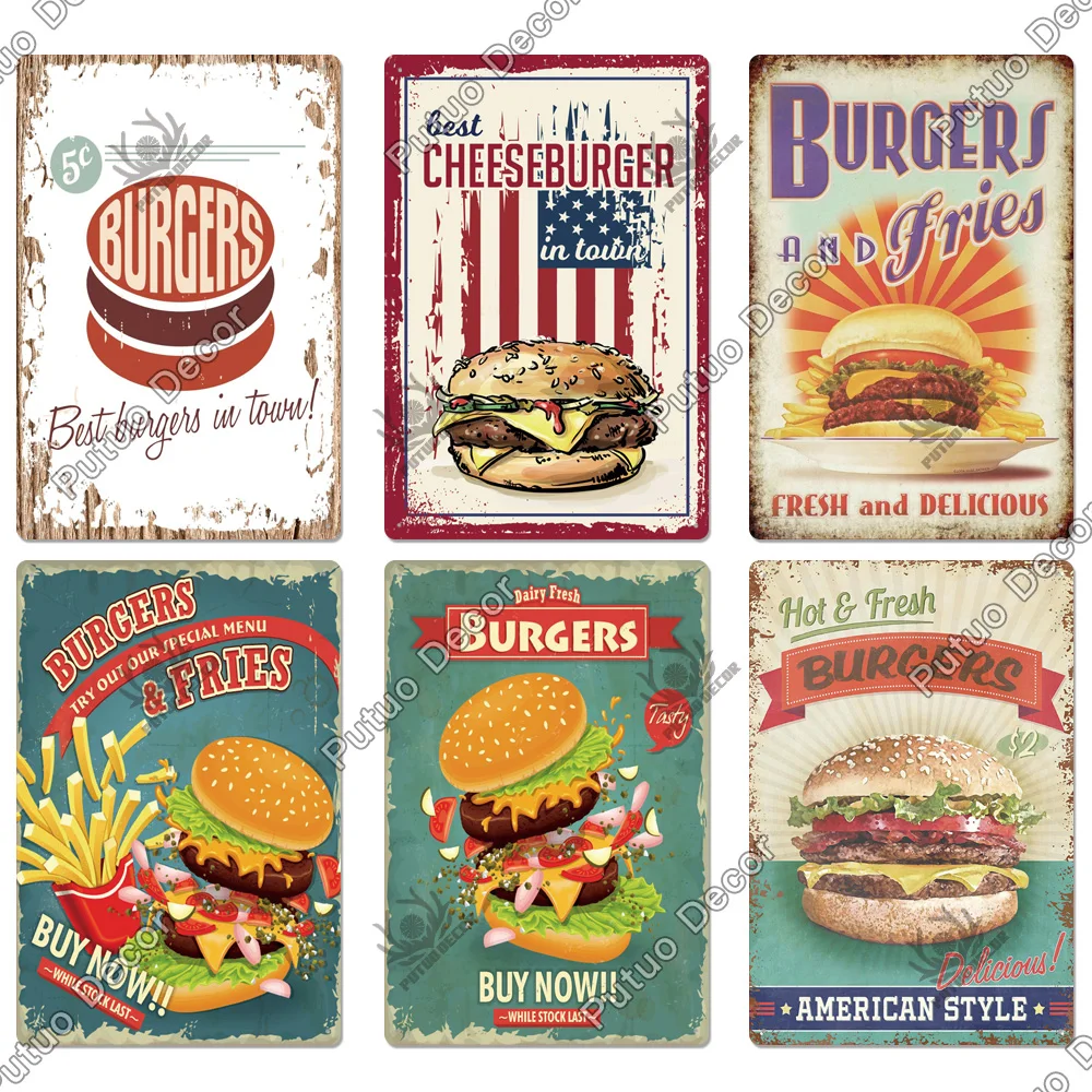 Putuo Decor Hamburger Fast Food Plaque Metal Vintage Tin Sign Restaurant Wall Posters for Kitchen Cafe Diner Bar Iron Painting