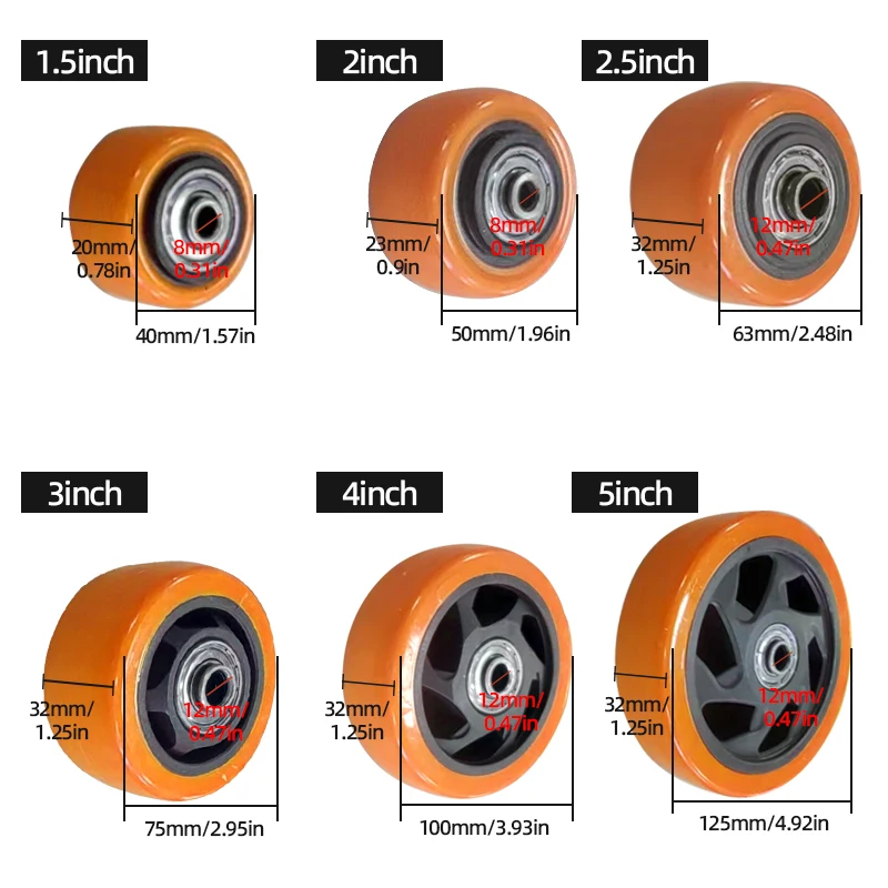 PU Replacement caster wheels with double bearings orange color high load capacity wear resistance furniture wheels