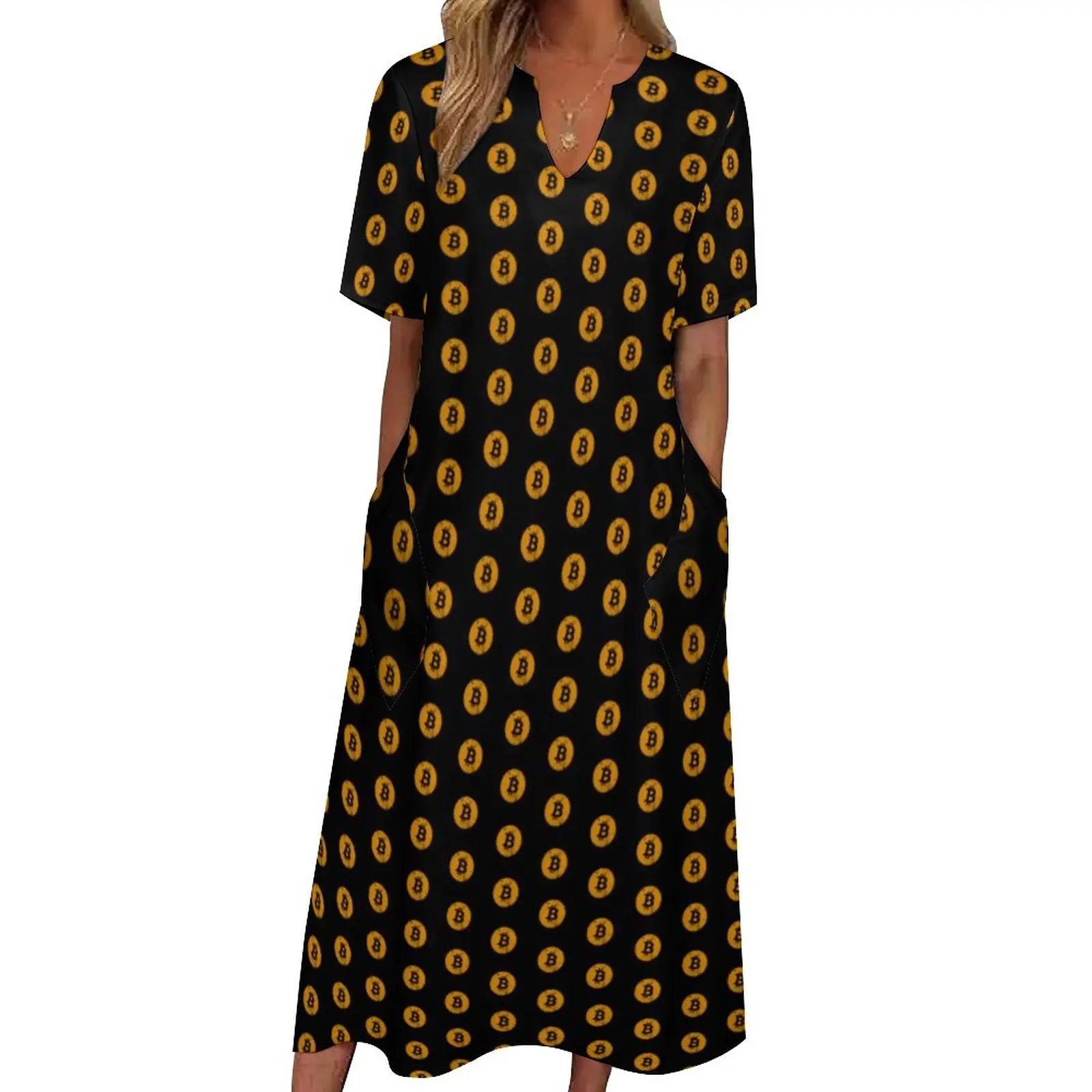 Bitcoin Print Dress Digital Currency Money Trendy Maxi Dress V Neck Graphic Boho Beach Long Dresses Aesthetic Oversized Clothes