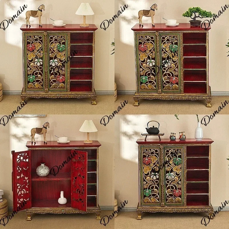 XB Thai Solid Wood Shoe Cabinet Vintage Carved Entryway Table Southeast Asian Style Hallway Storage