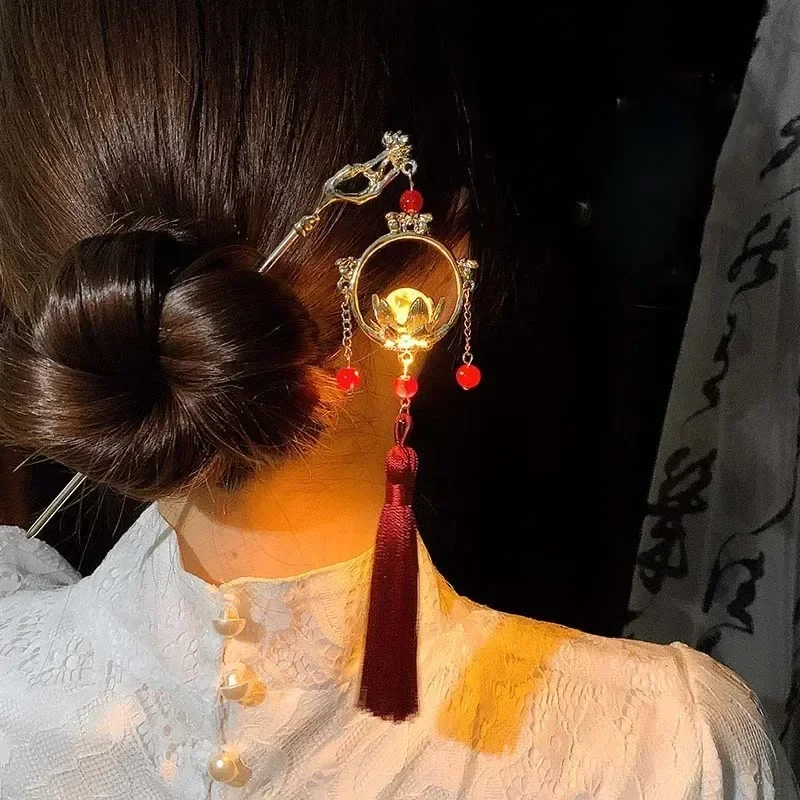 Chinese Style Luminous lantern Hair Sticks for Women Kids Retro Metal Lotus Flower Tassel Hair Pin Clips Hair Accessories