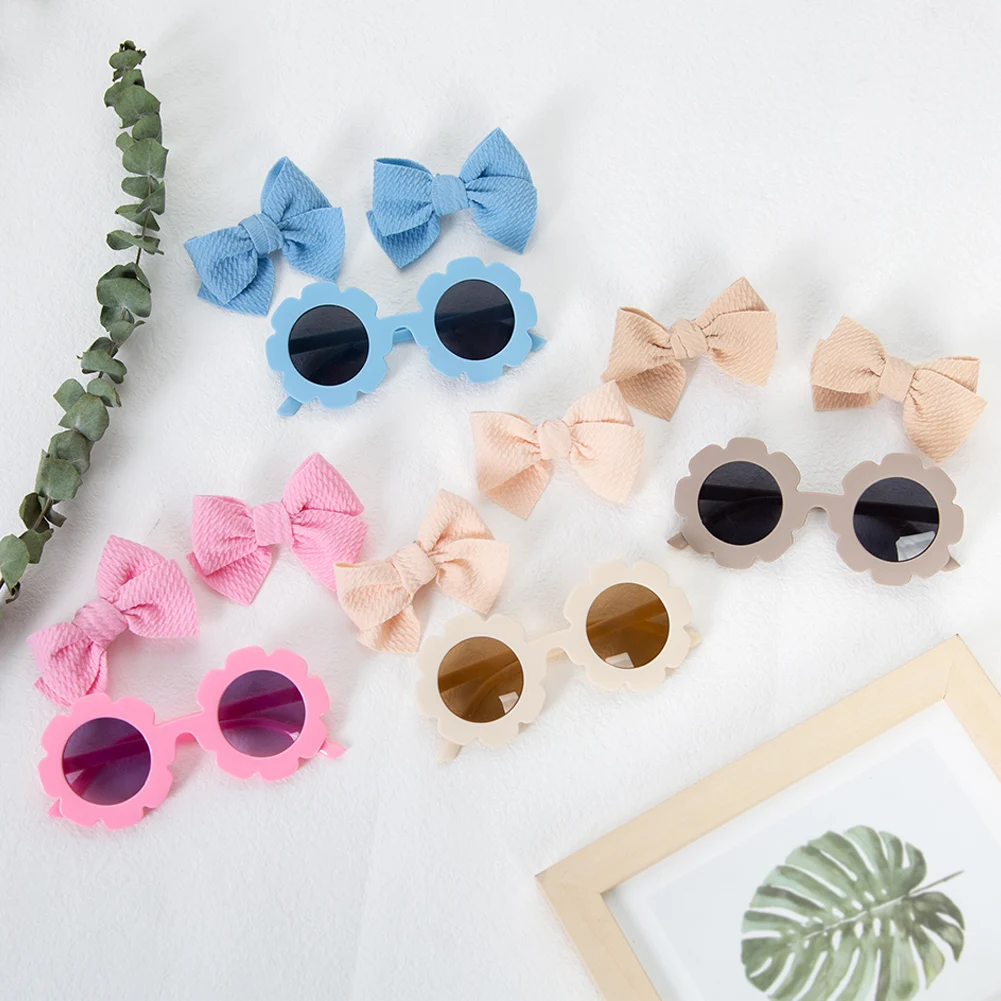 3Pcs/Card Flower Sunglasses with 2pcs 8.5cm Baby Hair Clips Set Bullet Fabric Princess Girl Hair Bow Hairpins Kids Sun Glasses