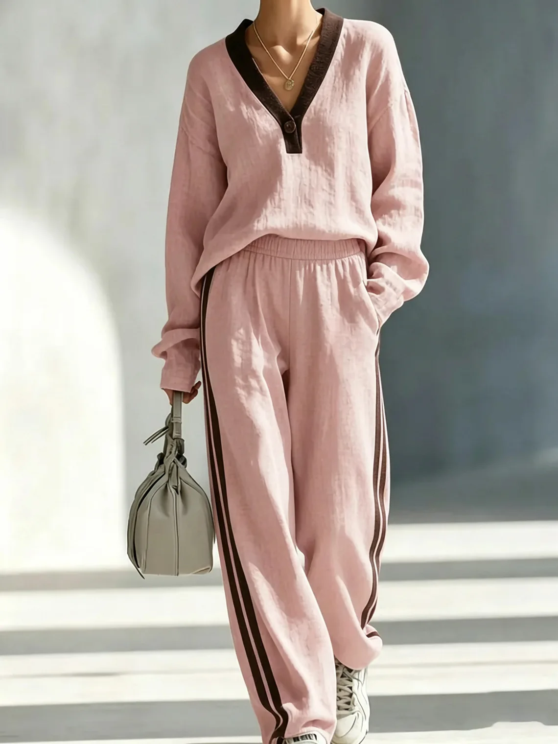New Fashion Color Block Striped V-neck Long-sleeved Shirt Women's Suit Autumn Casual Loose Sports Pants Female 2 Piece Set