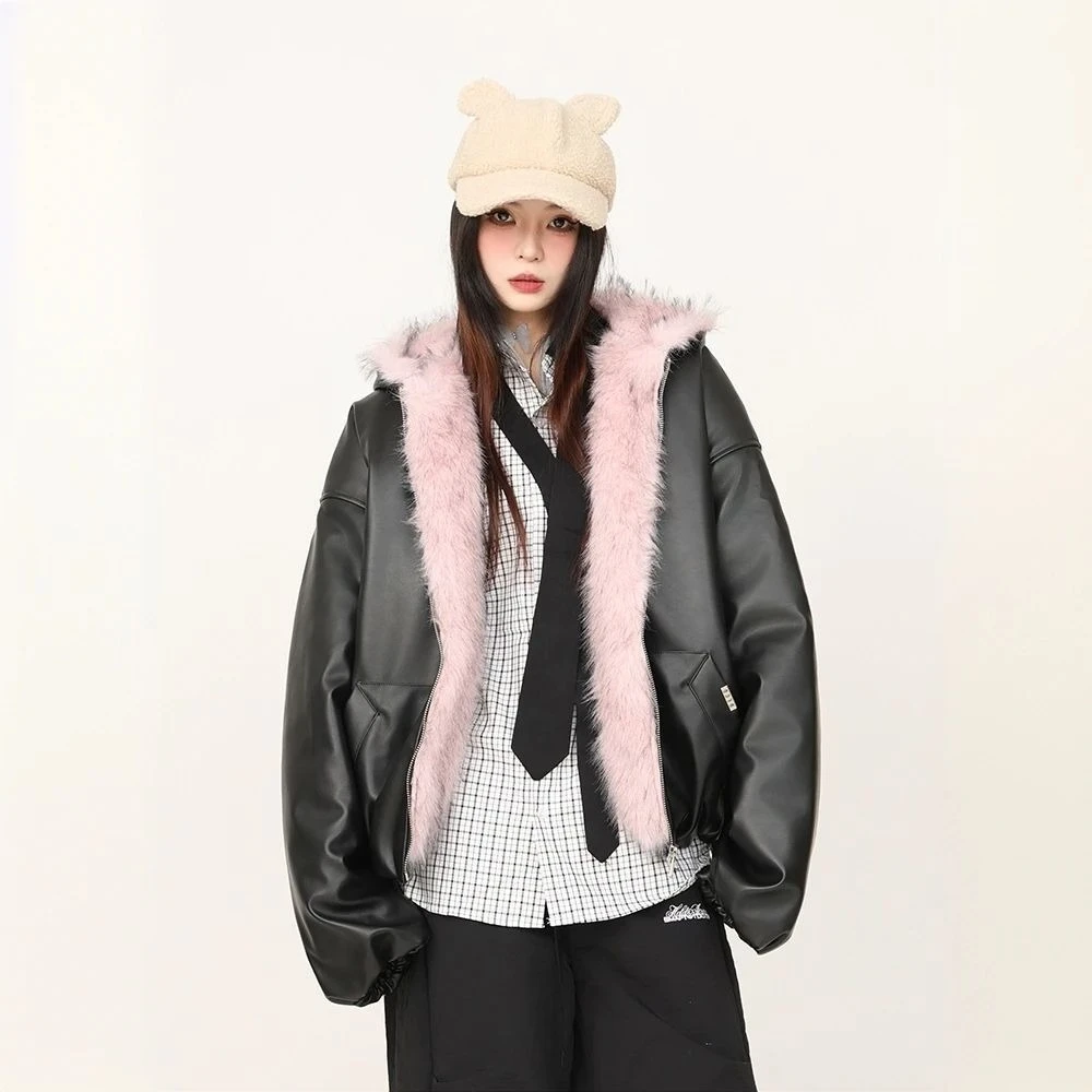 سترة نسائية كلاسيكية أمريكية غير رسمية بغطاء للرأس بأكمام طويلة من الفرو الصناعي Y2K معطف عتيق بلون نقي ملابس شارع هاراجوكو #4