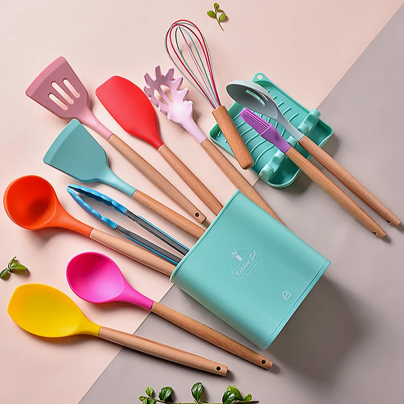 

AJOYOUS Silicone Kitchen Set Rainbow 12/13Pcs Non Stick Shovel Wooden Handle Shovelwith Storage Box Kitchen Tool Accessories