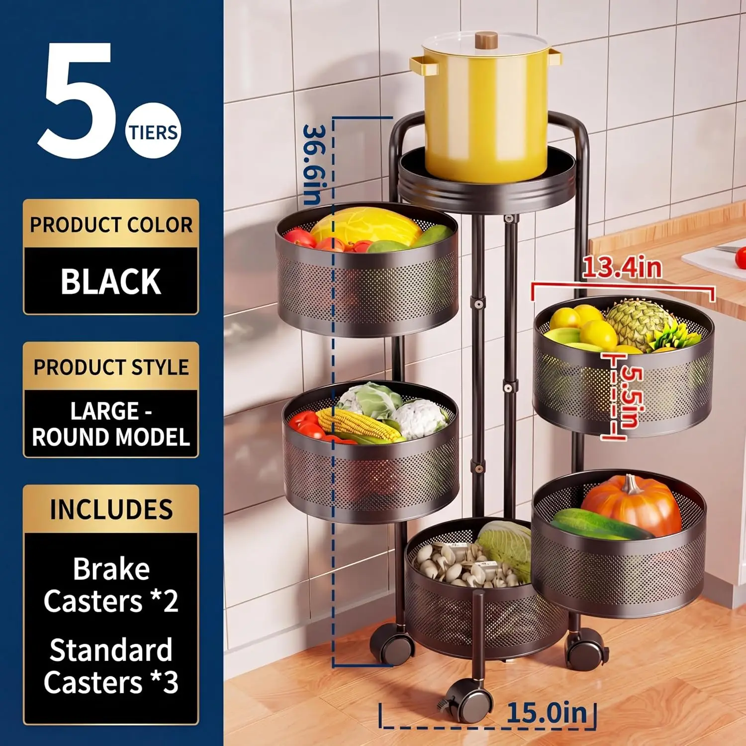 5-Tier Rotating Kitchen Storage Rack with 360 Wheel Rotating Fruit Basket with Top Lid Breath Mesh, Magnetic Lock, Vegetable Storage Cart for Onion Potato