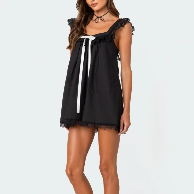 Damska sukienka mini na wakacje, długa, seksowna, luźna, z falbankami, z haftem koronkowym, smockowana w talii, na imprezę, linia A, 2025