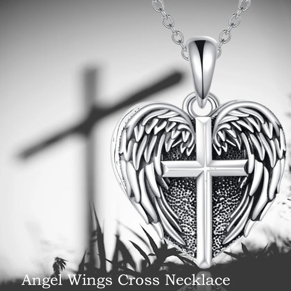 1Pc Vintage Heart Shaped Angel Wings Cross Pendant Necklace for Women Exquisite Women's Prayer Blessing Jewelry-Gift for Family