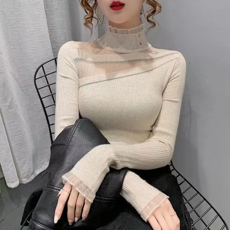 

Women Autumn and Winter Fashion Korean New Upscale Half High Collar Lace Base Layers Solid Lace Spliced Sweater Long Sleeve Tops