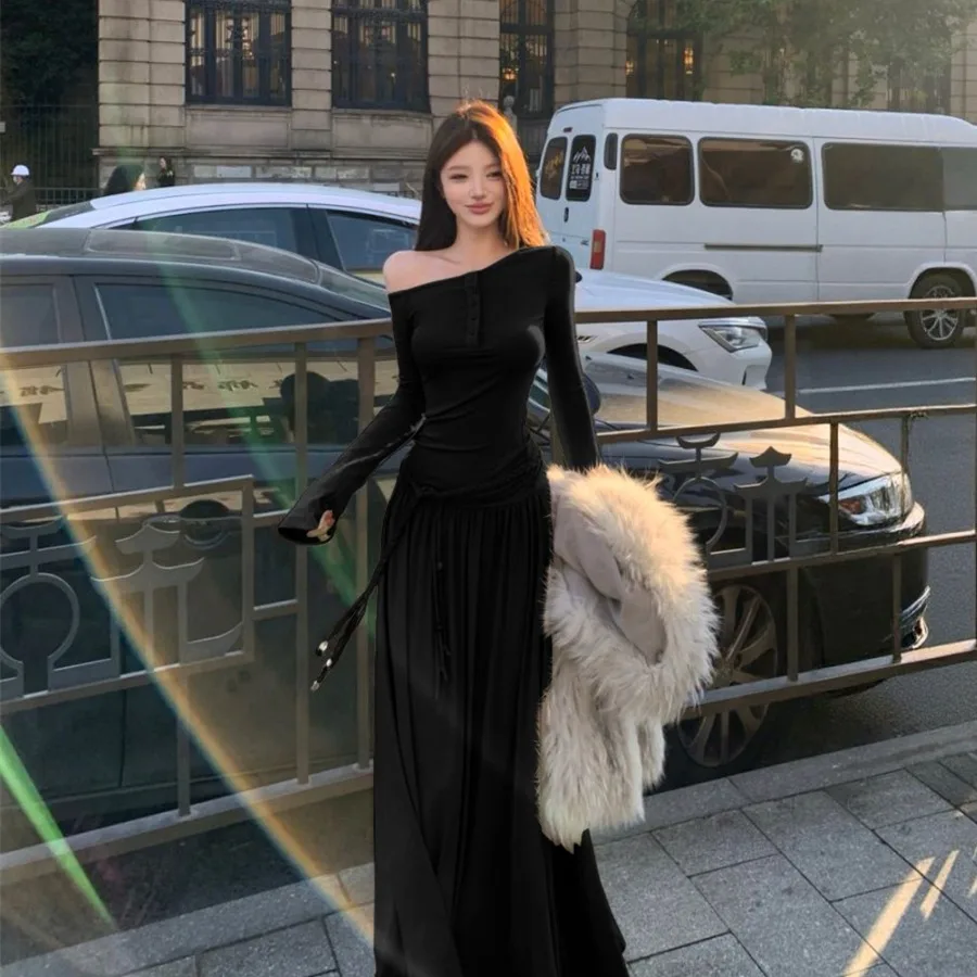 Sexy longue Sve asymétrique oulder minceur Dr rétro vêtements intérieurs trajet taille haute coréen Sle automne nouveau Dr des femmes