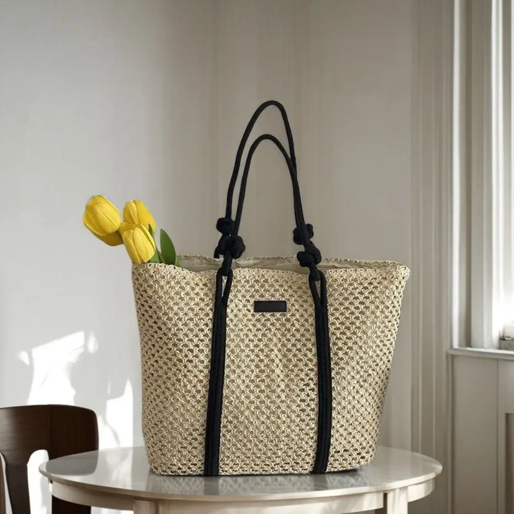 

Handmade Straw Woven Bags Solid Color Zipper Closure Shopping Tote Bag Portable Large Capacity Weaving Underarm Bags
