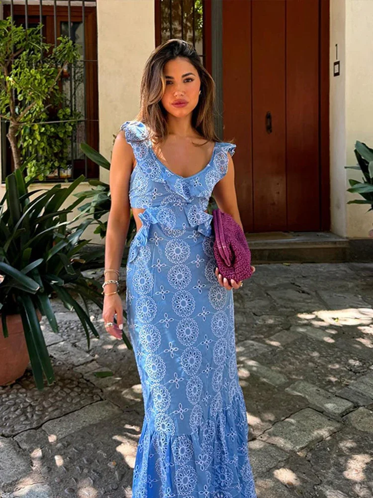 Print Ruffles Women Maxi Dress Blue Hollow Out Flying Sleeve V-neck Female Dresses 2024 Summer Fashion Elegant Lady Robe