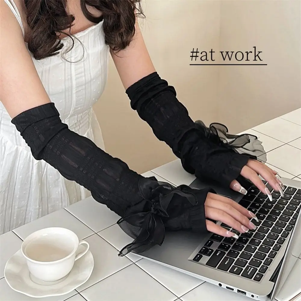 Fashion Lace Bow-knot Ice Silk Arm Sleeves Breathable UV Protection Ice Silk Long Gloves Ultrathin Cooling Sleeve Sports