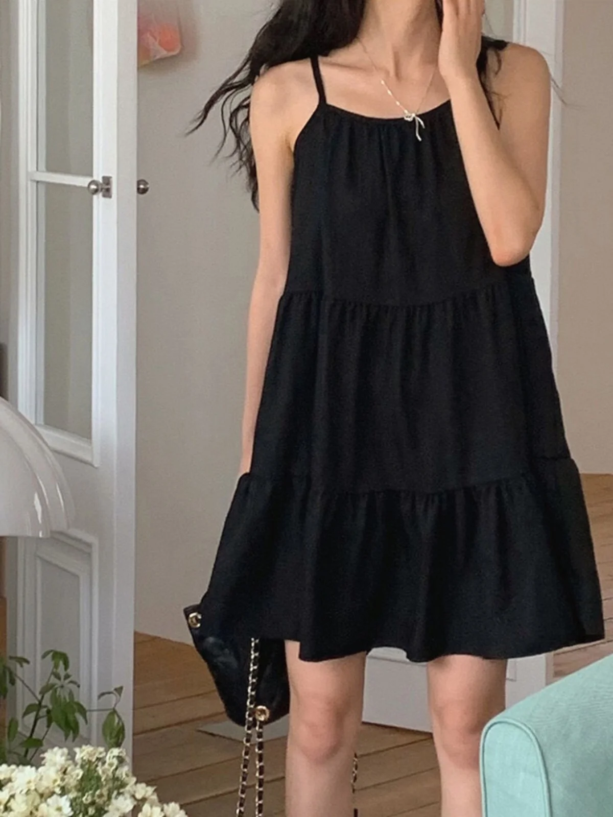 South korea Chic Summer French sle Retro Layering Pleat Frill Casual Loose A Word Sling Dress Women