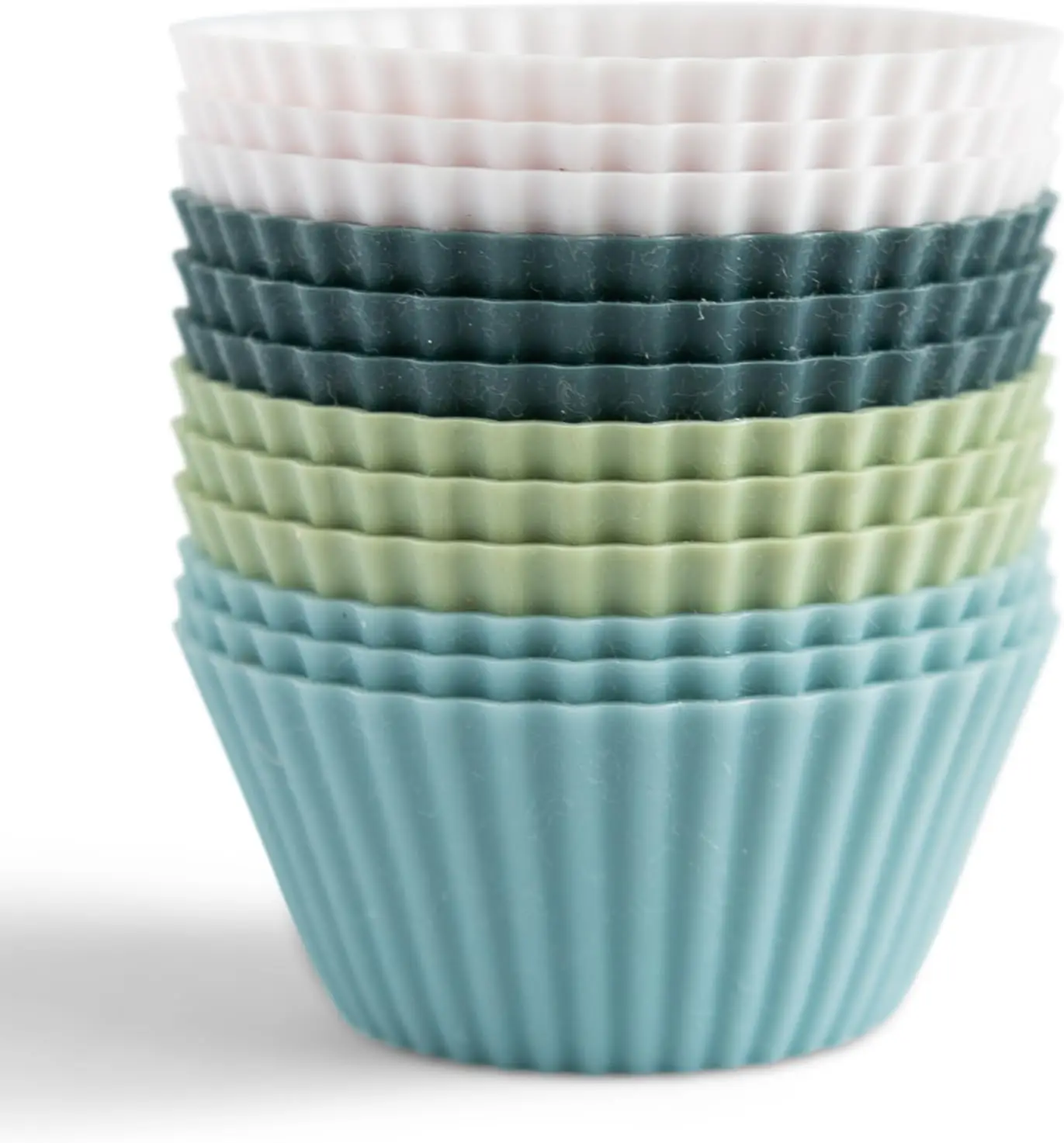 

12-Pack Reusable Silicone Muffin Liners, BPA-Free, Non-Stick, Regular Size, White/Blue/Green