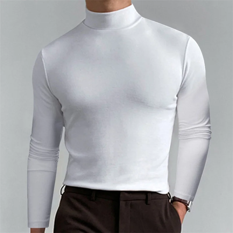 Men\'s Casual Slim Fit Bottoming Shirt Autumn Fashion Turtleneck Long Sleeves T-Shirt Male Sports Stretch Tops Solid Color Tees