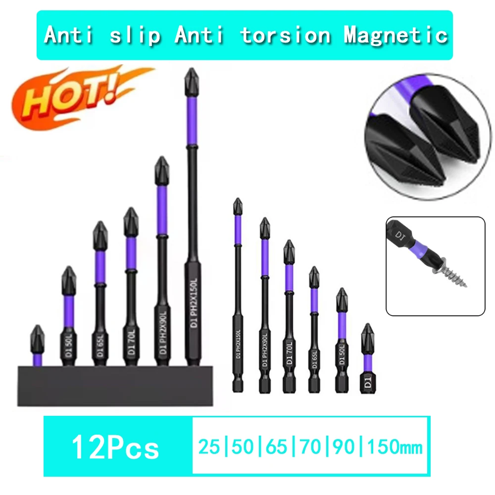 6/12 Pcs Magnetic Screwdriver Bits Non-slip Impact Resistant Torsion Non-slip Bit Hex Shank Alloy Steel Bit Suitable Power Tools