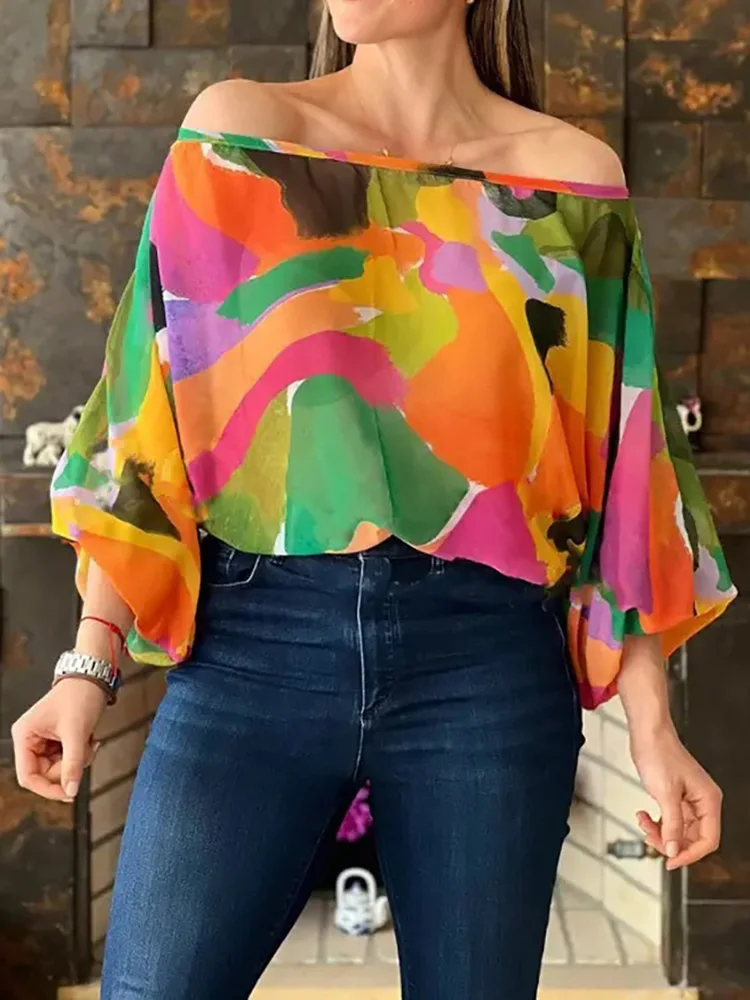 

Elegant Slash Neck Women Backless Blouse Retro Printing Lantern Sleeve Ladies Shirt Tops 2023 Casual Loose Femme Pullover Blusas