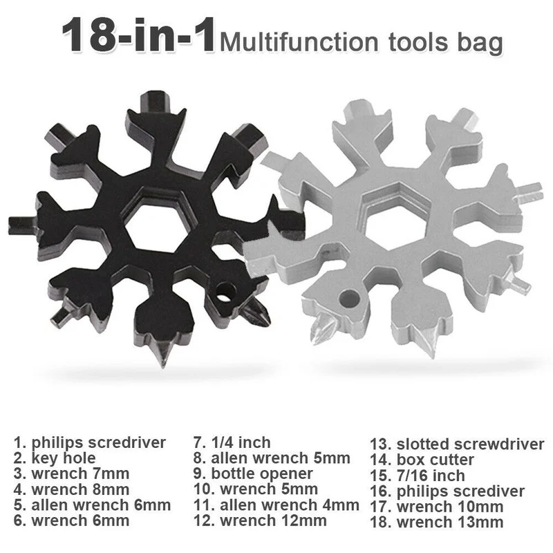 18-In-1 Rvs Sneeuwvlokken Multi-Tool Herramienta 18 Nl 1 Multifunctionele Tool Copo De Nieve llave Multiusos
