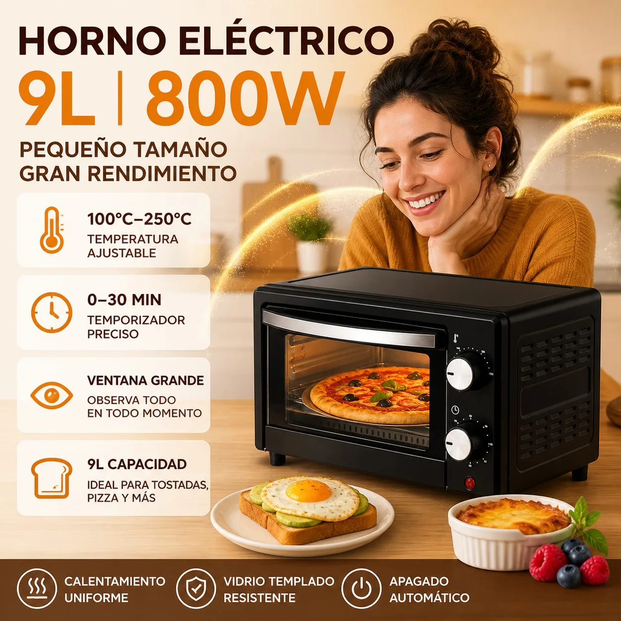 Forno Elettrico da Banco Argon 9 Litri 800W, Mini Forno Compatto in Metallo con Timer Regolabile e Teglia da Forno, Dimensioni 26 x 34,5 x 21 cm, Colo