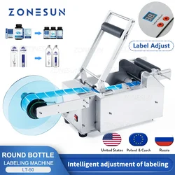 ZONESUN-máquina de etiquetado de botellas redondas de LT-50, dispensador de etiquetas adhesivas de plástico, aplicador de etiquetas