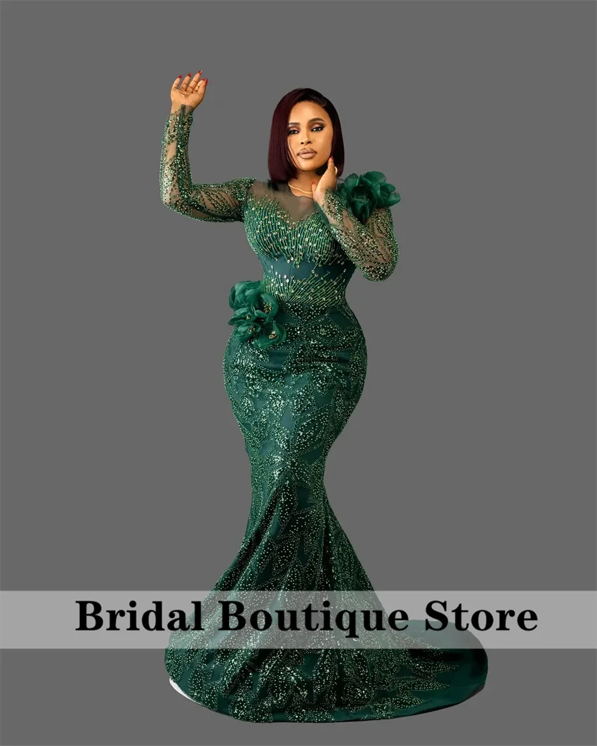 Glitter Dark Green Mermaid Prom Dress Flowers Beaded Evening Dress Formal Party Second Reception Gown Birthday Customized