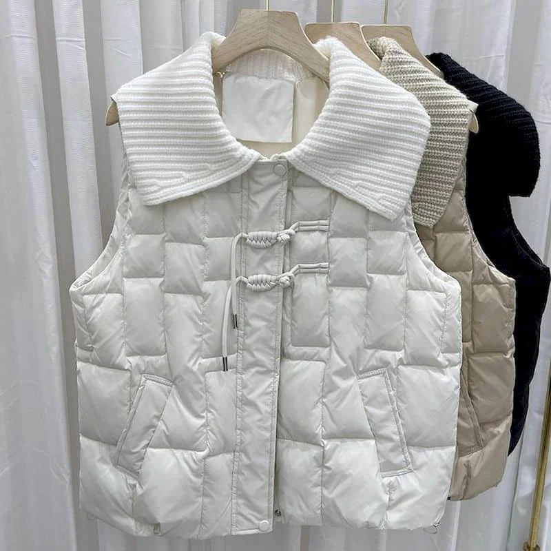 

Waistcoats Women Knitted neck Vests Casual Lightweight Cotton Added Sleeveless Cardigans Korean Style Quilted Coats Women Tops