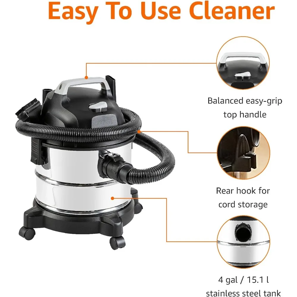 Wet Dry Vacuum Cleaner, 4 gallon Shop, 3 HP Stainless Steel
