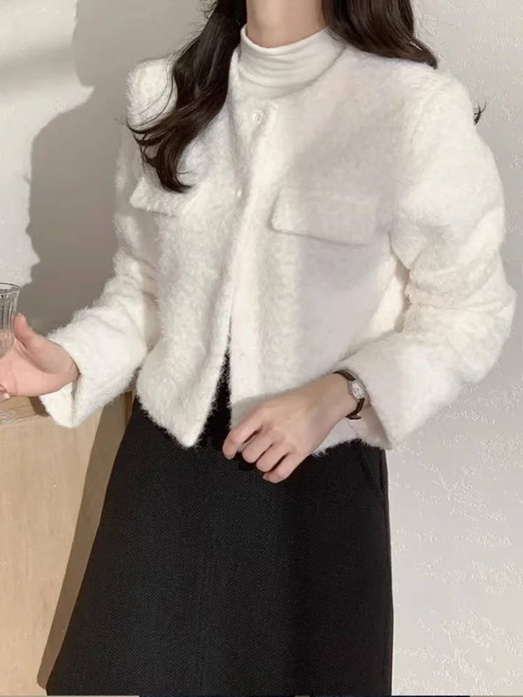 

Ele Woolen Coat Women's Autumn Winter round Ne Vintage Outerwear Korean Sle ort Length Slim Fit Single Button