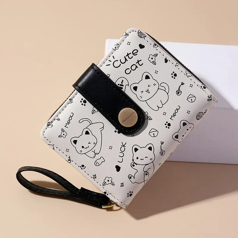 Nueva cartera japonesa con bonito gatito para mujer, tarjetero corto para identificación de estudiante, monedero con cremallera, cartera para mujer