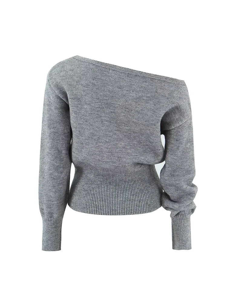 Jesienny nowy damski sweter w stylu francuskim retro, prosty, modny, z długim rękawem, seksowny, z odkrytym ramieniem lub bez ramiączek.