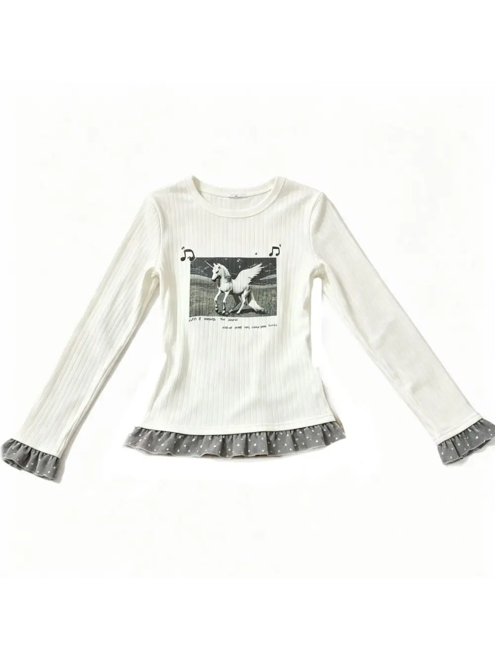 New Autumn Vintage Long Sleeved Top With Unicorn Note Print, Polka Dot Lace, Street Trend, Spicy Girl, Versatile And Niche Ins