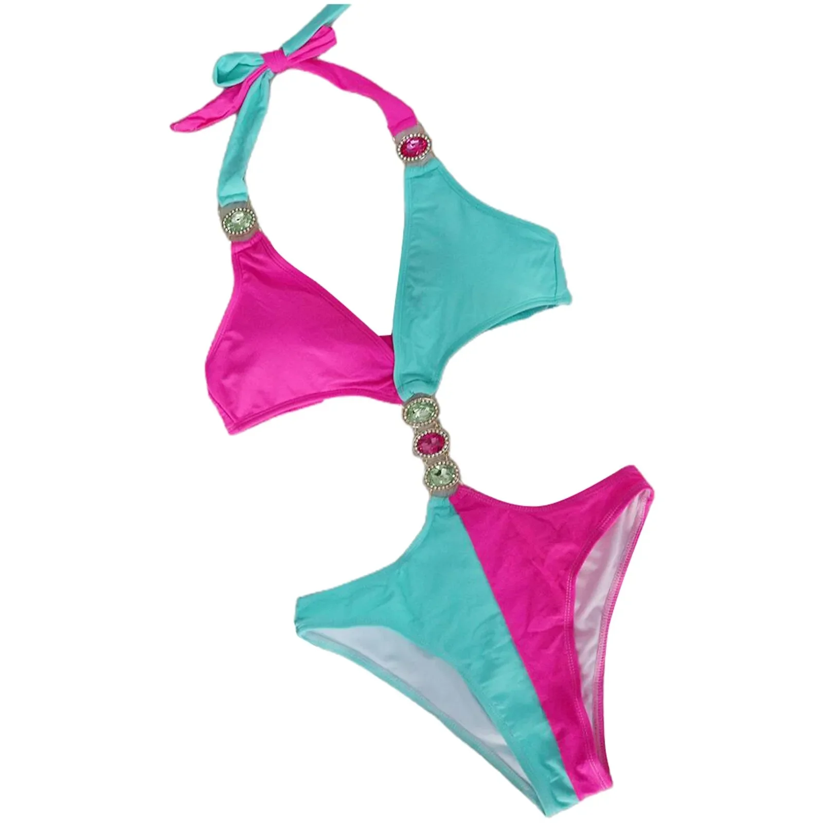 Costume da bagno intero imbottito senza schienale estivo con scollo all'americana in tinta unita con diamanti in cristallo sexy