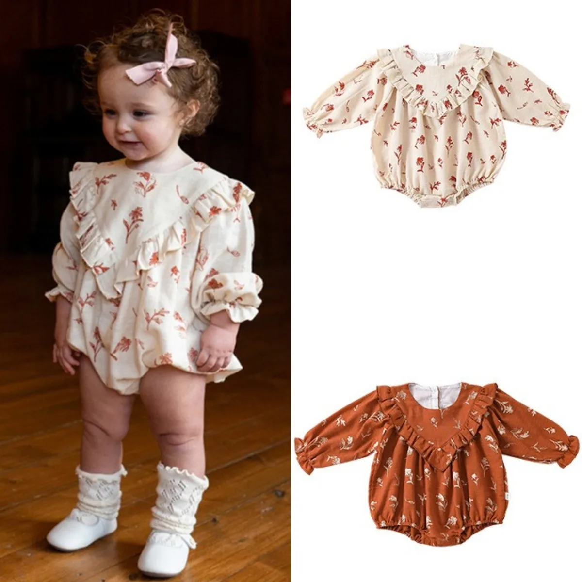 Ruffle Cute Baby Romper Infant Vintage Floral Long Sleeve Jumpsuit Newborn Infant Baby Girl Sweet Clothes