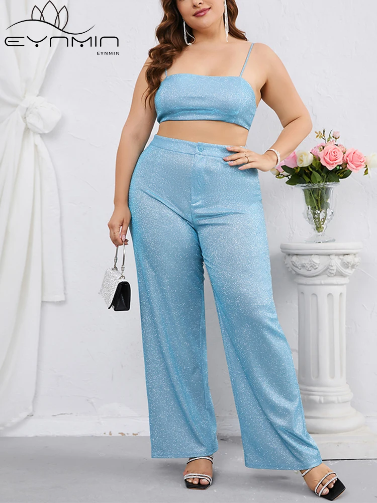 

EYNMIN Plus Size Two Piece Pant Sets For Women 2023 Summer Fashion Sequins Camisole Tops And Solid Slim Pant Club Blue Set Femme