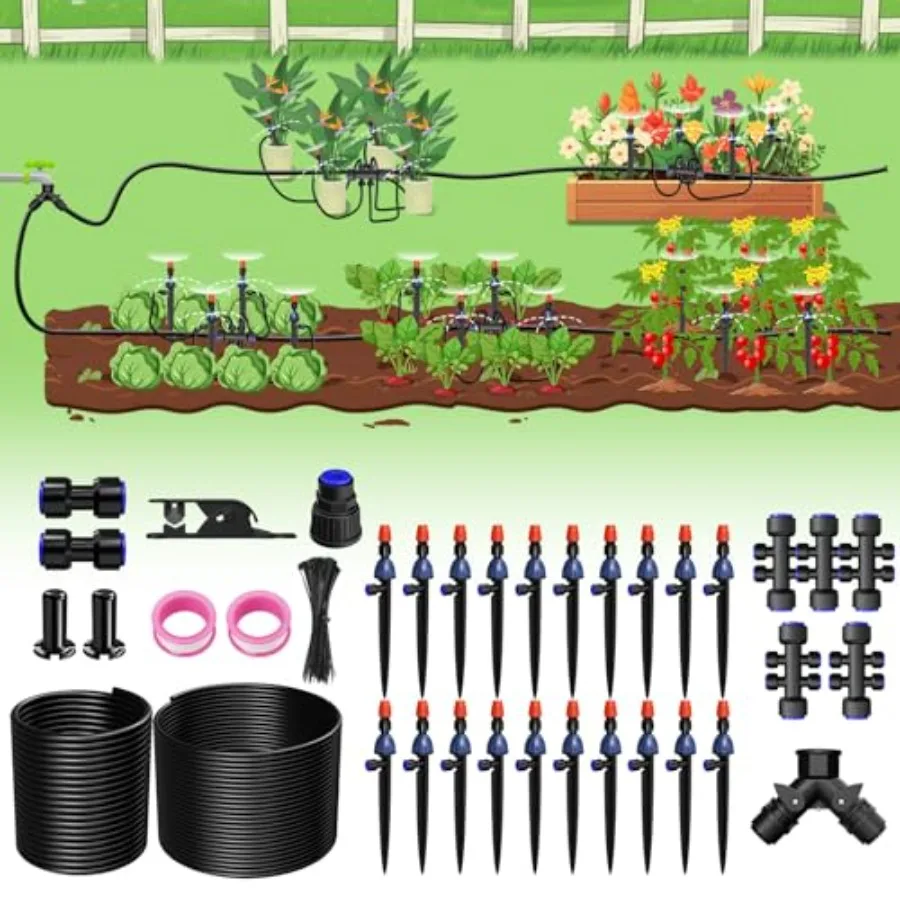 

Система капельного орошения 99 футов (29,9 м) с трубой 1/2 дюйма, отводами 1/4 дюйма, регулируемыми капельницами, автоматический комплект для полива клумб и грядок