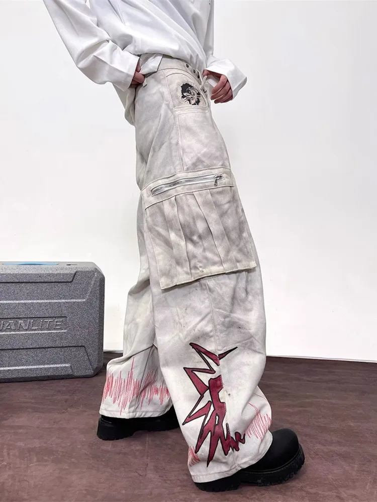 2025 Cyber Y2K Streetwear Dirty Washed White Baggy Cargo Jeans Pants For Men Clothing Wide Leg Straight Vintage Long Trousers