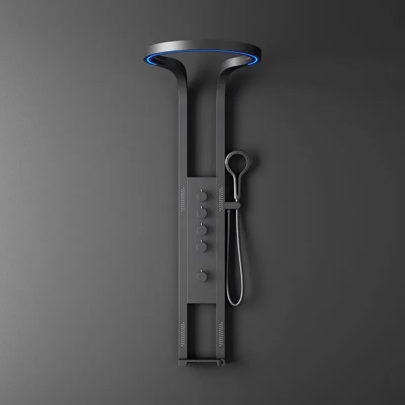 Matte Black Round LED Ambient Light Shower Panel 4 Functions Body Jets Dual Storage Shelves Wall Mounted Bathroom Shower