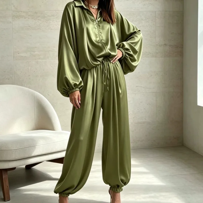 2026 New Autumn/Winter Women's Pants Set Solid Color V-neck Comfortable Close Fitting Fashion Versatile Soft Simple Pants Set
