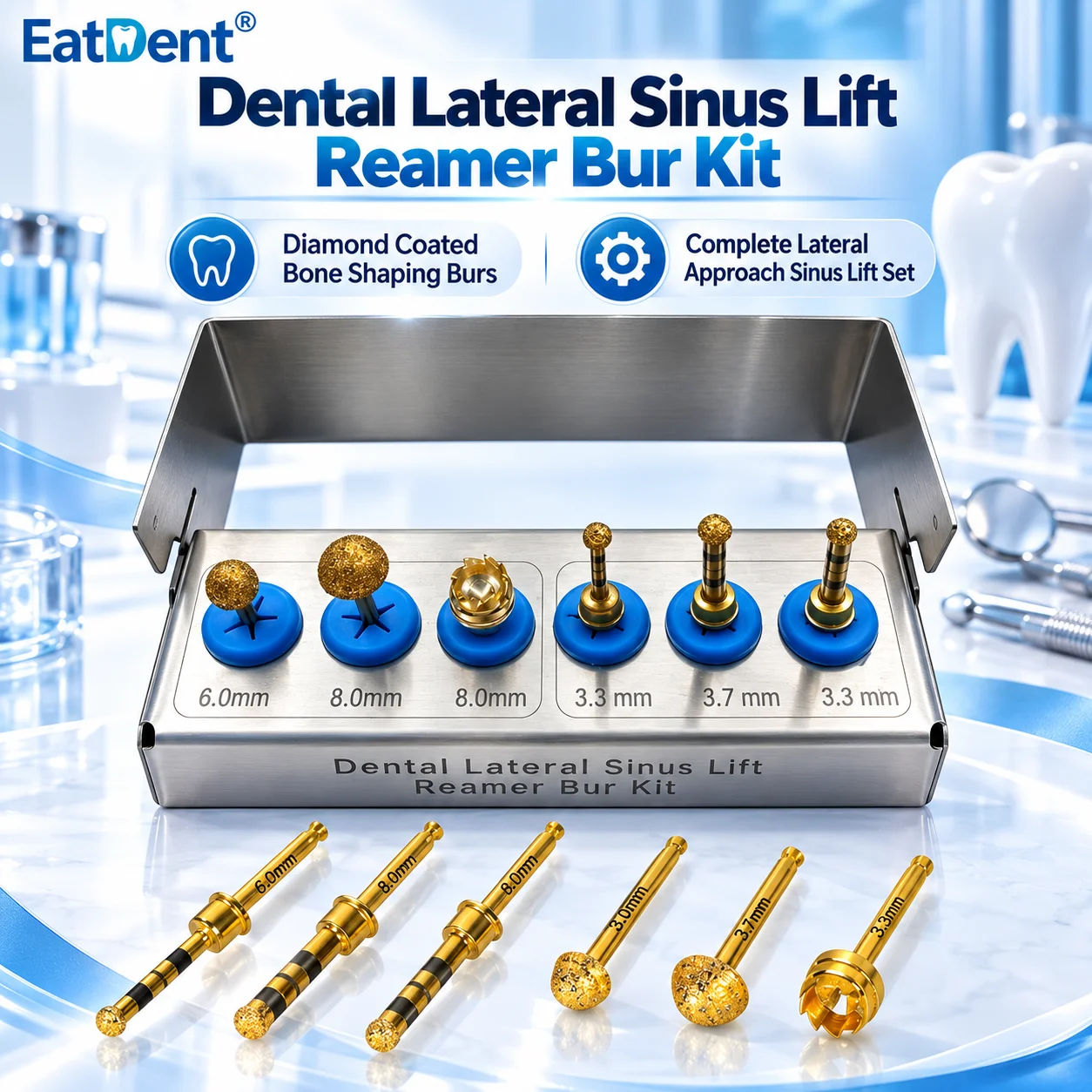 6PCS/Set Dental Implant Sinus Lift Drills Kit Diamond Coated Lateral Reamer Bur Bone Drills Autoclavable Implant Surgery Tools