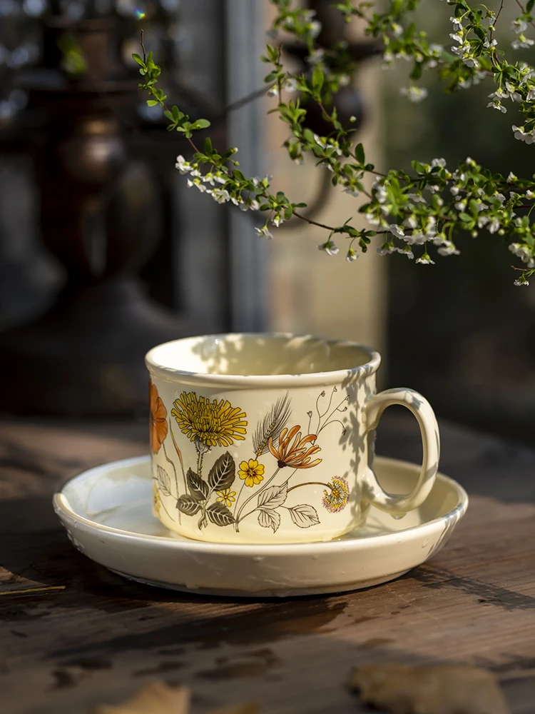 Rural Vintage Ceramic Mug Dish Dessert Plate Set Romantic Cream Trend Chamomile Printed Coffee Cup Cafe Afternoon Teacups Home