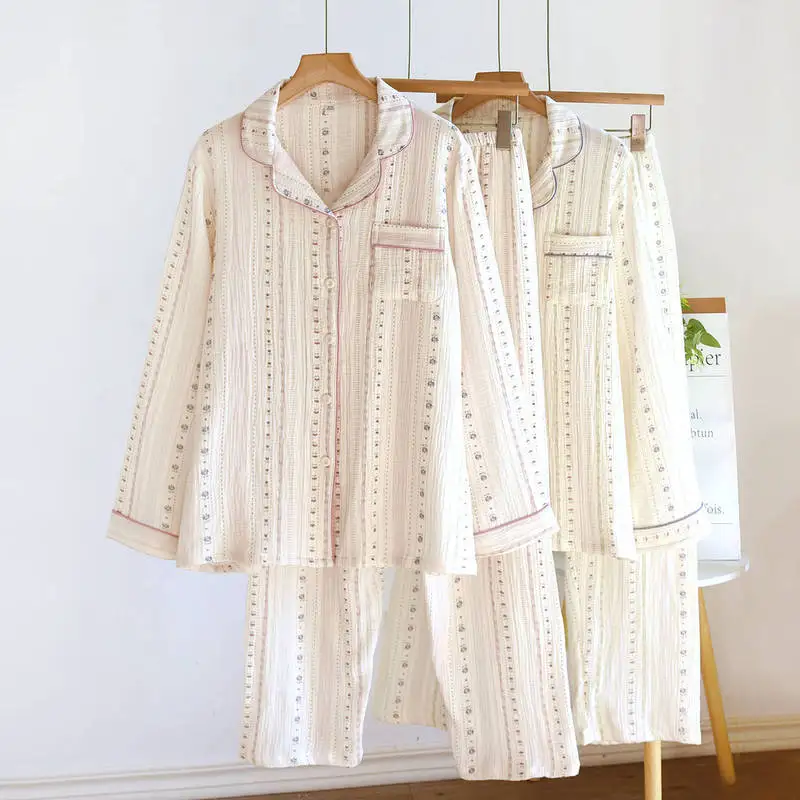Sweet Floral Print Women‘s Cotton Double Gauze Pajama Set, Long Sleeve Crinkle Texture & Relaxed Fit, Breathable Lightweight Spr
