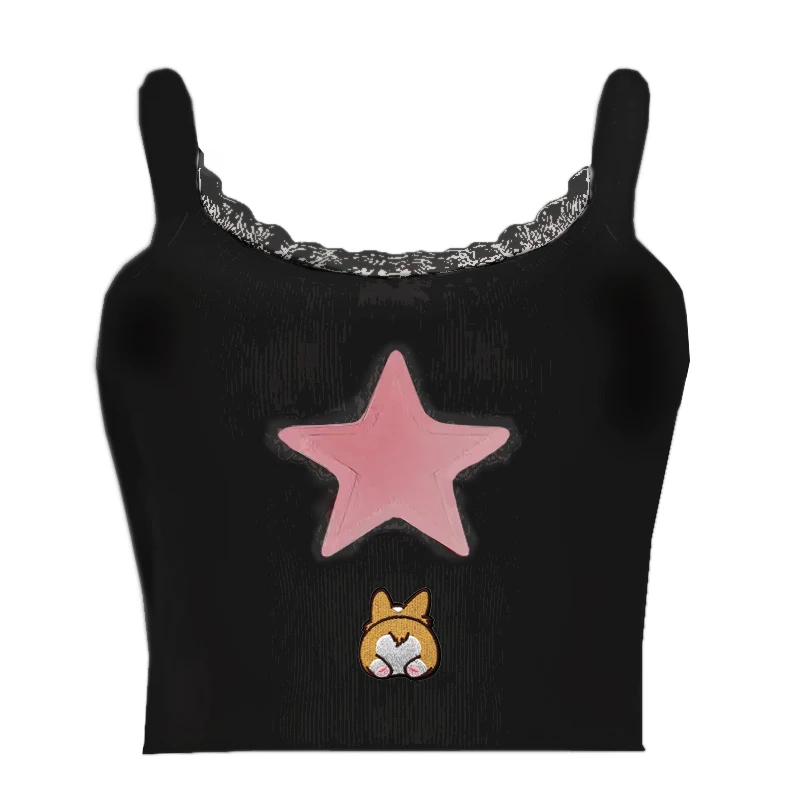 

2025 Y2K Retro Lace Round Neck Suspender Vest Sexy Navel Top Women Puppy Embroidered Solid Color Summer Fashion Crop Vest
