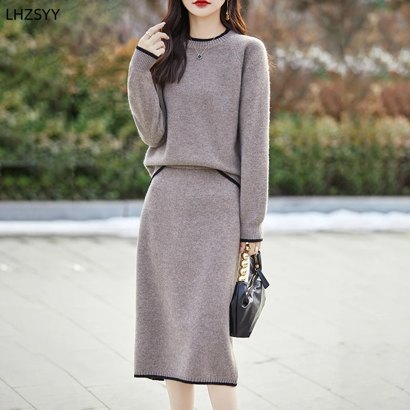 LHZSYY High-end 100%Merino Wool Sweater Round Neck Loose Skirt Suit Ladies Spring New Knit Pullover Fashion Wool Skirt Hip Skirt