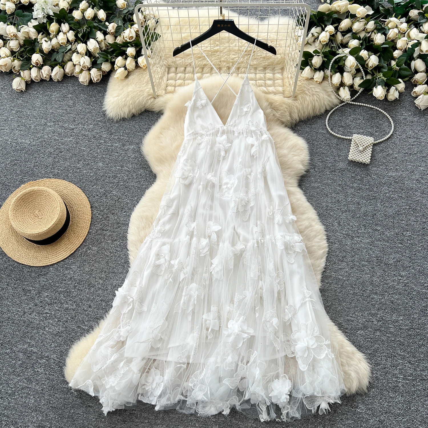 シックなヴィンテージ立体メッシュノースリーブエレガントな妖精韓国ファッション自由奔放に生きるサンドレス女性服