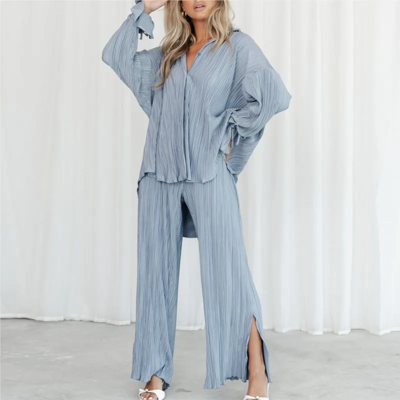 2024 Women\'s 2 Piece Long Sleeve Cardigan Shirt Slit Top Slit Wide Leg Pants Set Women\'s Fashion Casual Loose Home Wear